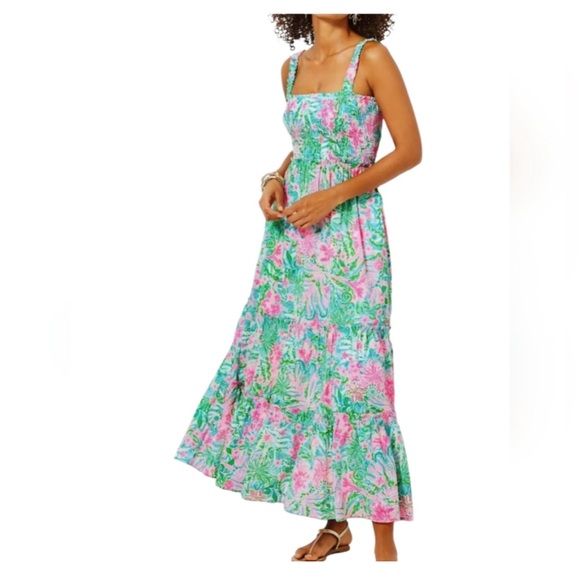 New Lilly Pulitzer Hardly Smocked Cotton Amalfi Blue Leaf It Wild Maxi Dress XS - Picture 4 of 6